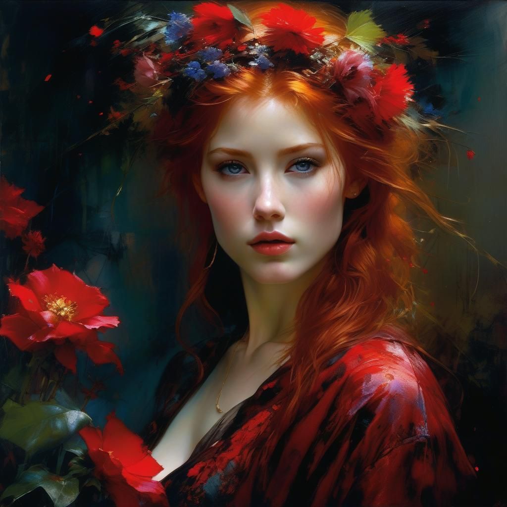 Red-Haired Woman in Purple Gown, Detailed Fantasy Art