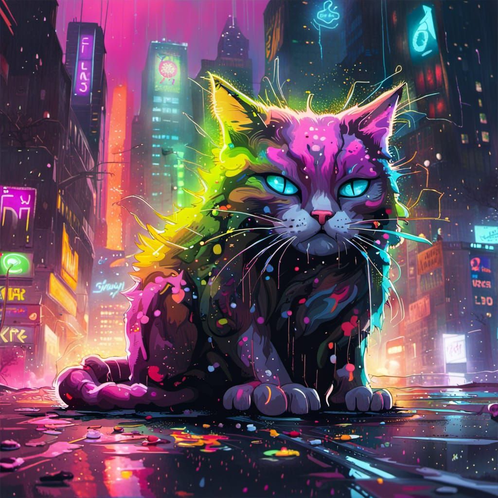 Cyberpunk Cat in Neon City with Fireworks