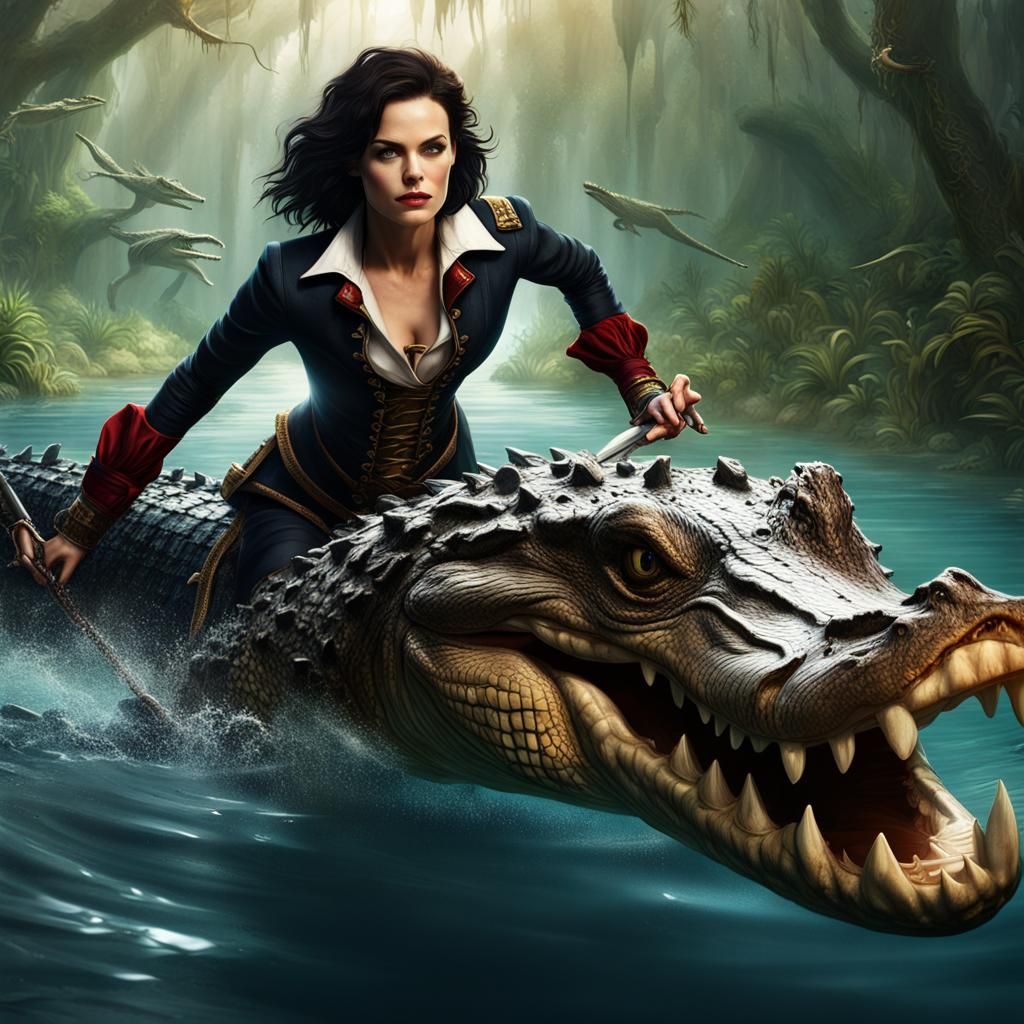 Female Captain Hook and Crocodile, Detailed Matte Painting