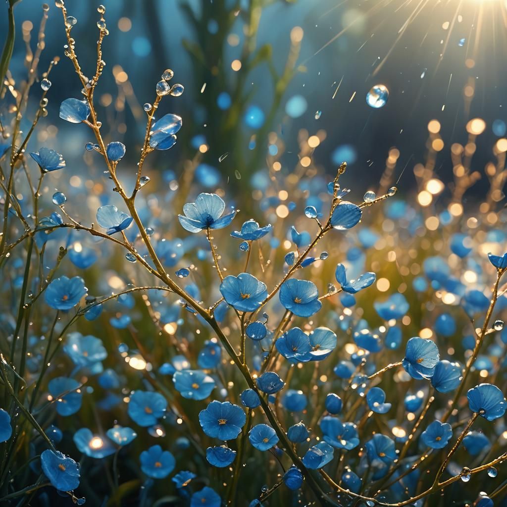 Sparkling Dewdrop Blue Petals in Warm Sunlight