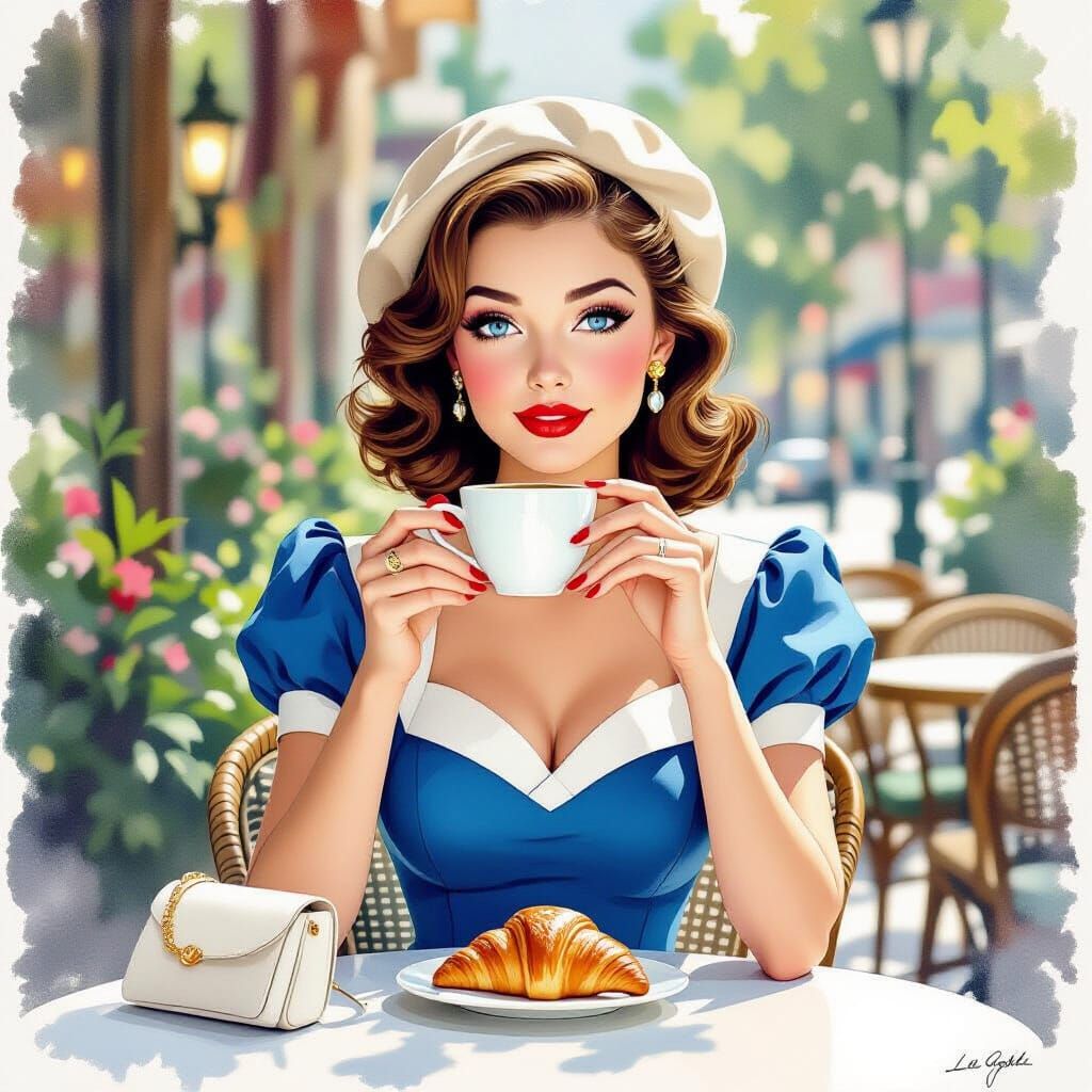 Woman in Blue Dress and Beret at Cafe