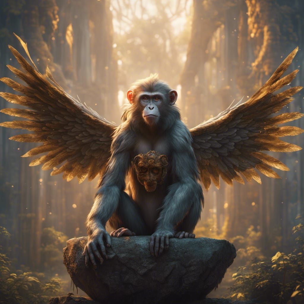 Monkey with Angel Wings in Detailed Matte Painting
