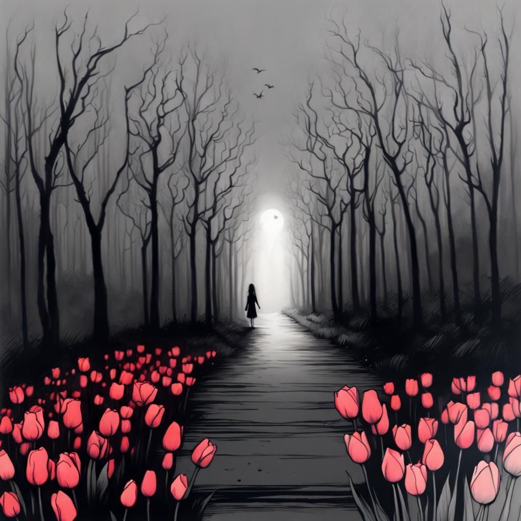 Ghost Girl in Enchanted Forest Ink Drawing