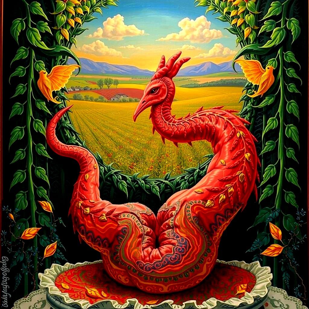 Colorful Landscape with Pink Figure and Gold Leaves