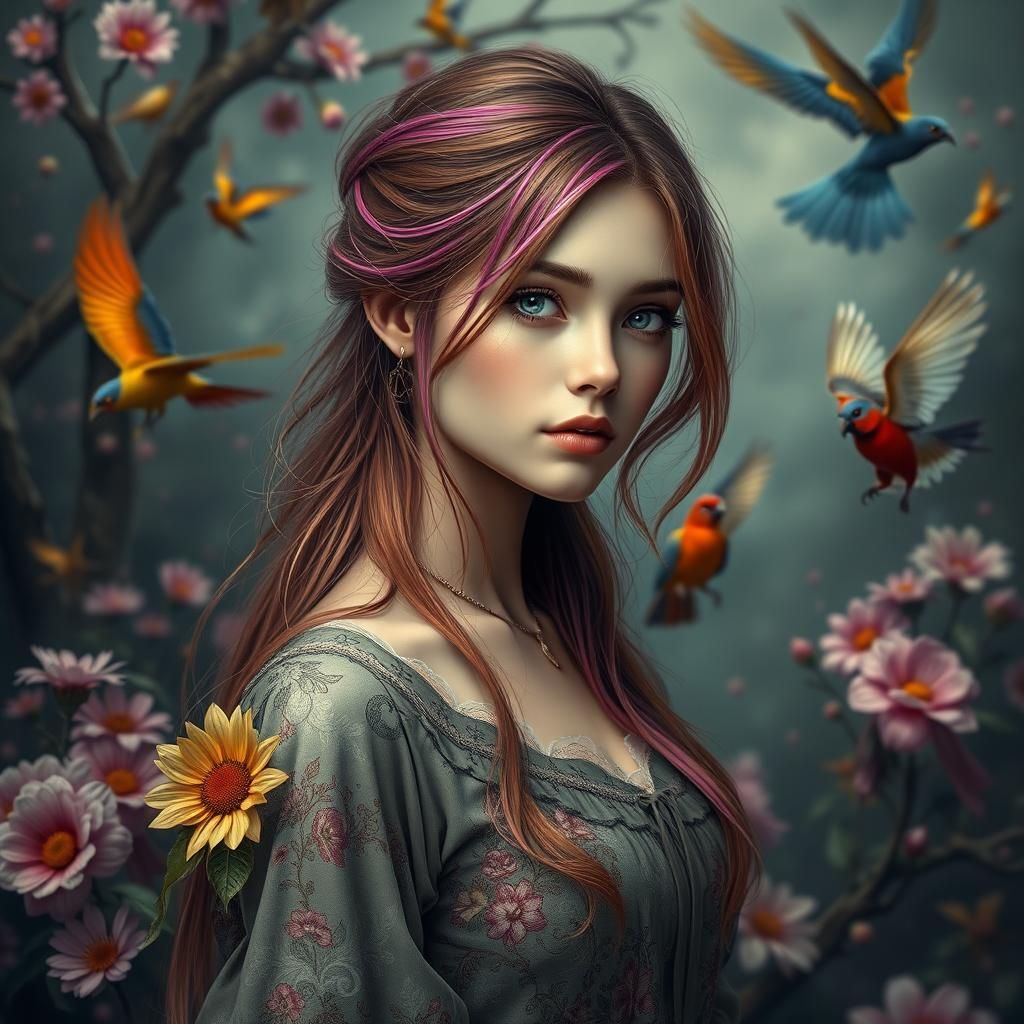 Young Woman with Birds in Digital Matte Painting
