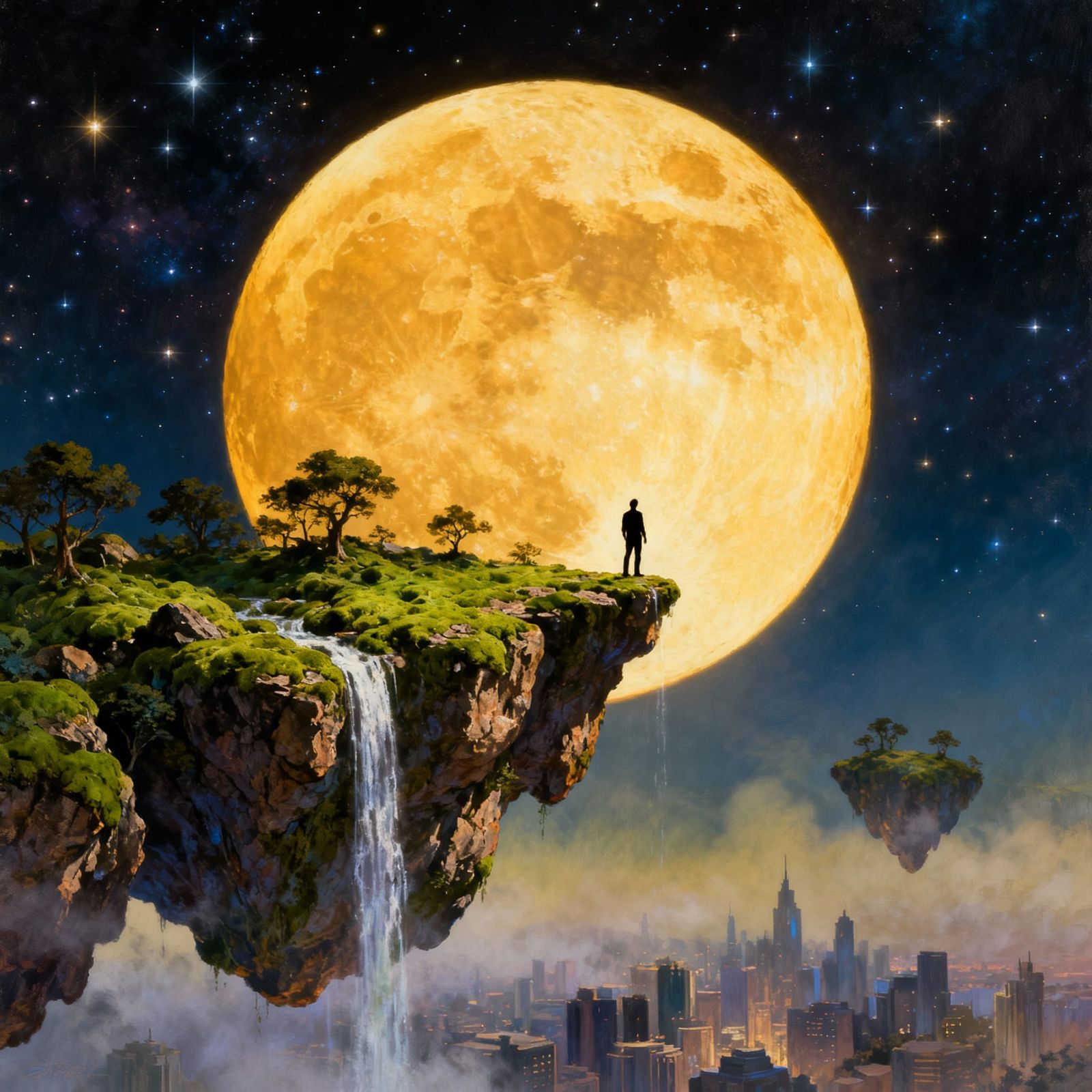 Golden Moon Over Floating Island Landscape