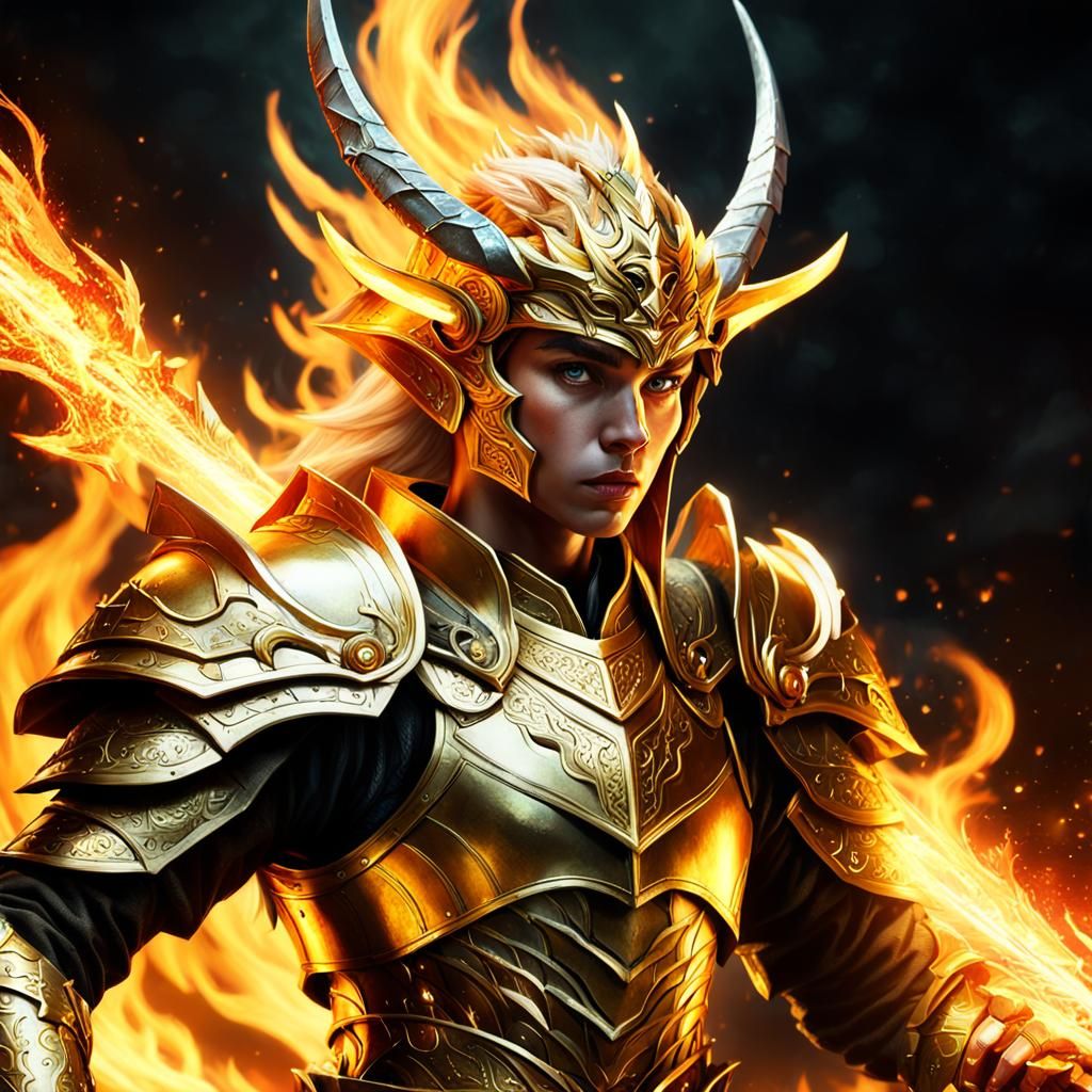 Elf Warrior in Gold Armor with Flame Sword