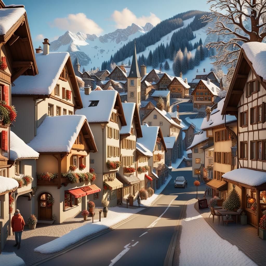 Detailed Winter Wimmelbild of a Swiss Town