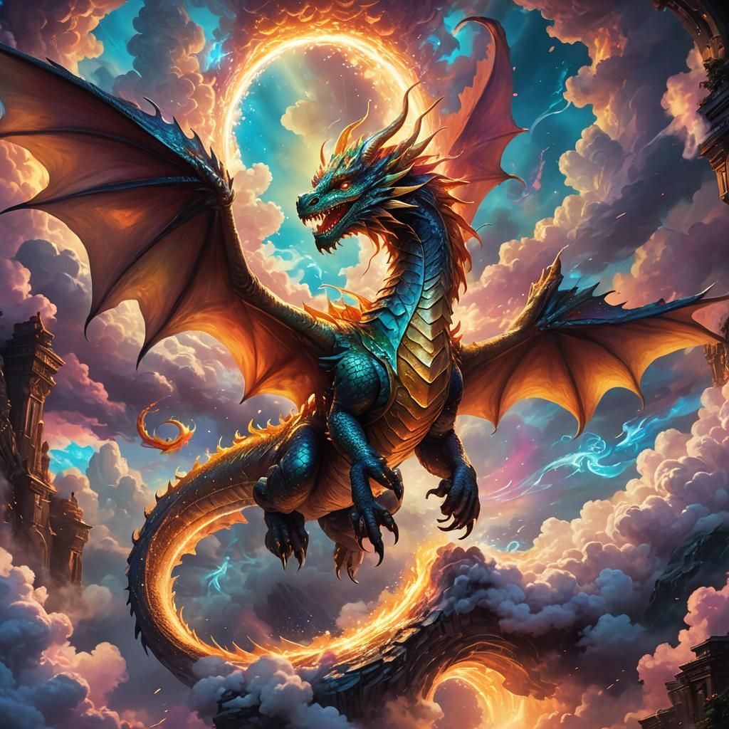 Iridescent Dragon Soaring Through Mystical Portal