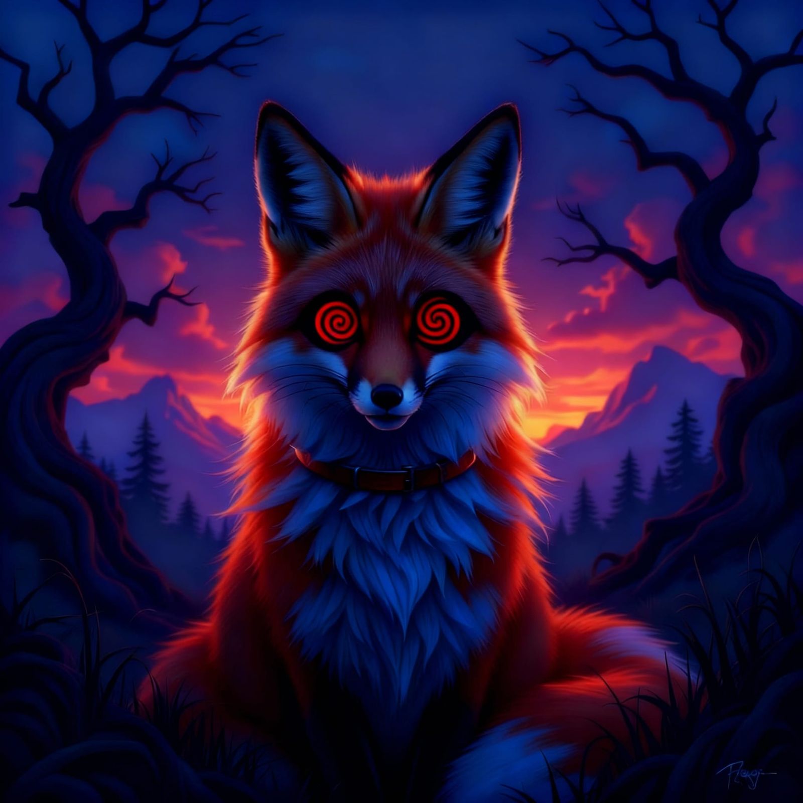 Hypnotized Humanoid Fox in Enchanting Landscape