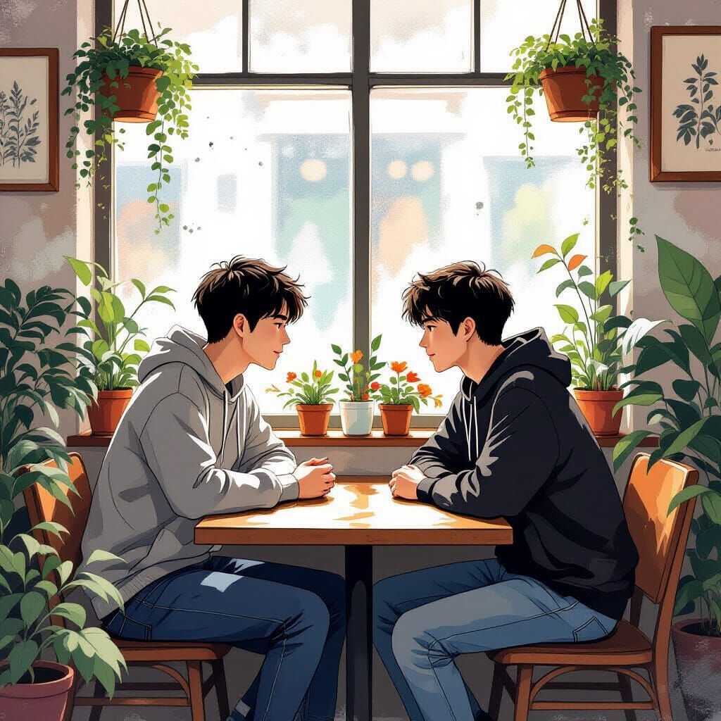 Intimate Cafe First Date in Ink Wash Style