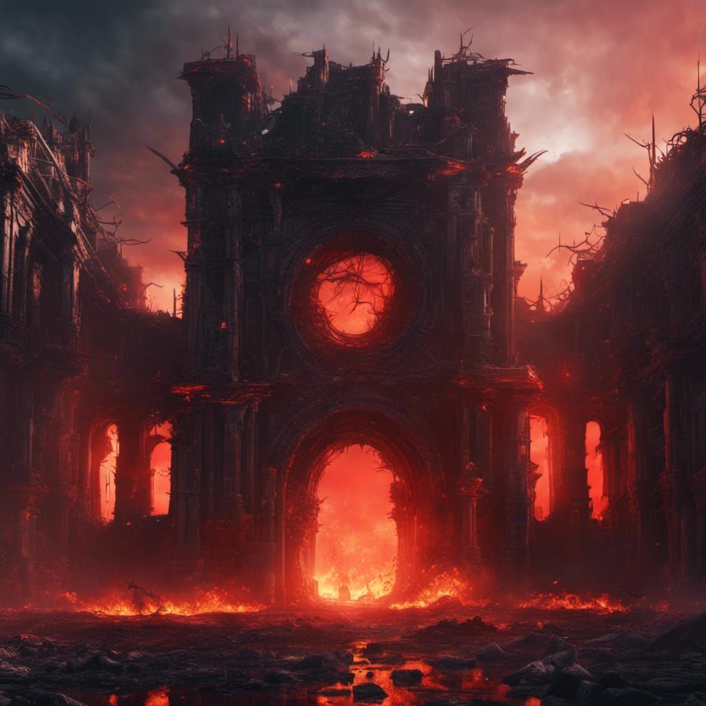 Burning Ruin City with Glowing Red Portal