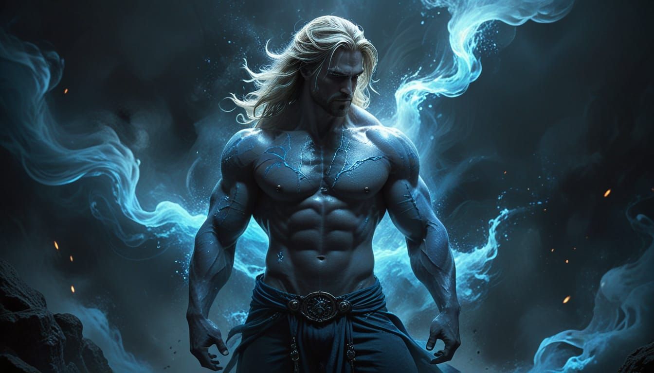 Muscular Male Genie Emerges from Blue Smoke