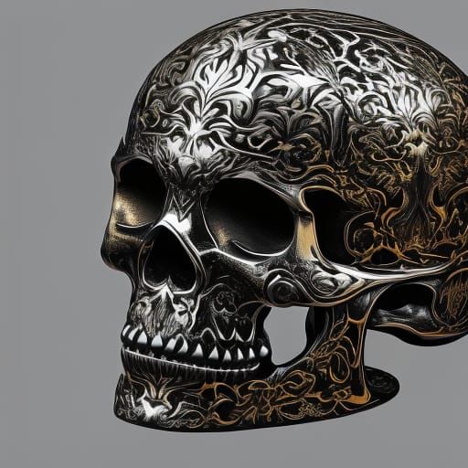 Fiery Black Skull with Silver and Gold Filigree