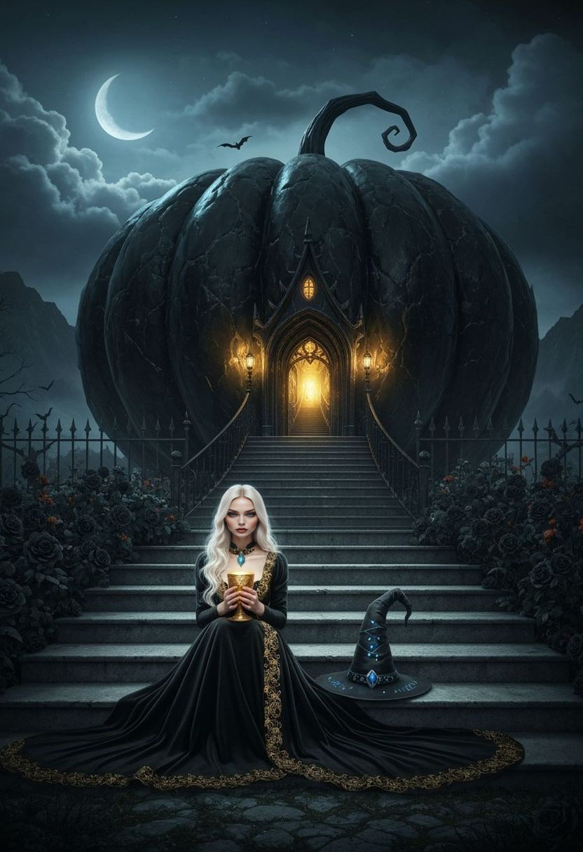 Ethereal Witch in Gothic Halloween Scene