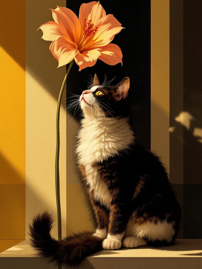 Art Deco Cat in Flower Garden with Golden Hour Light