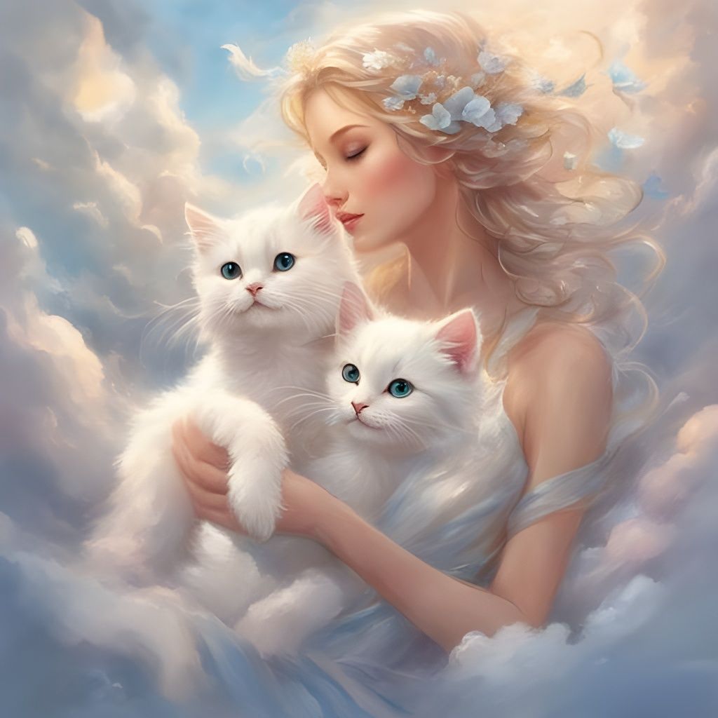 Cute White Kitty in Clouds: Splash Art Portrait