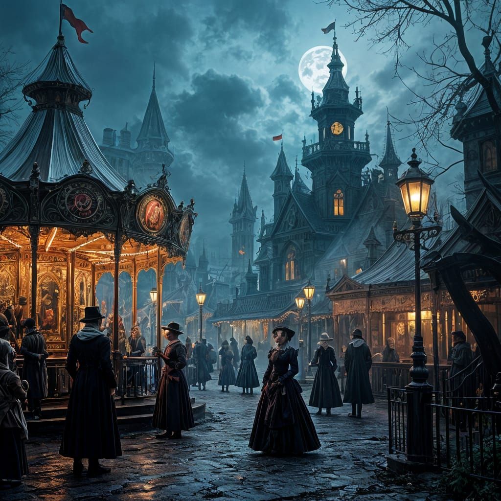 Gothic Carnival with Eerie Clowns in Dark Fantasy Style
