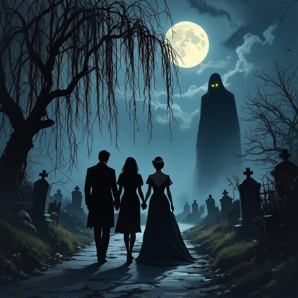 Eerie Graveyard Walk Under Moonlight: A Digital Painting
