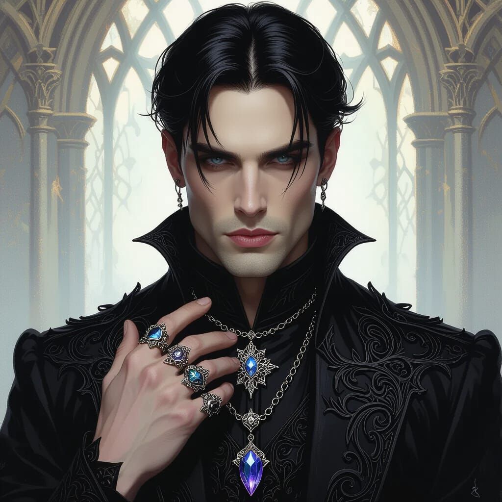Gothic Man with Crystal Pendant in Moody Lighting
