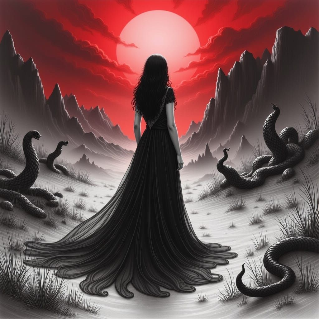 Lydia Deetz in Surreal Desert, Pencil Sketch Style