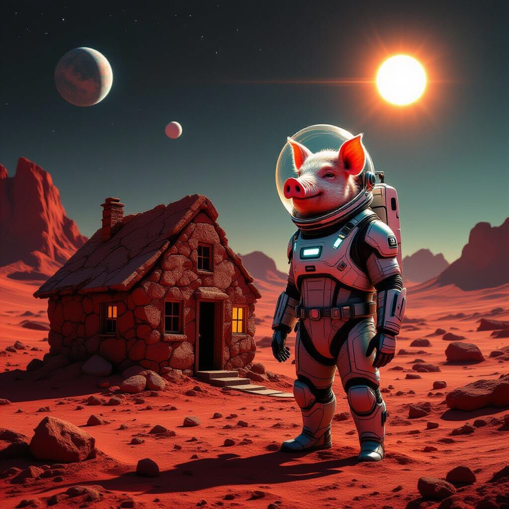 Astronaut Pig's Asteroid House on Alien Planet