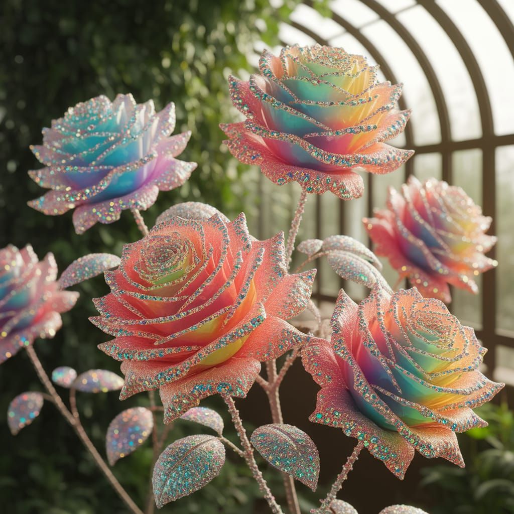 Rainbow Crystal Roses in Greenhouse: Digital Art