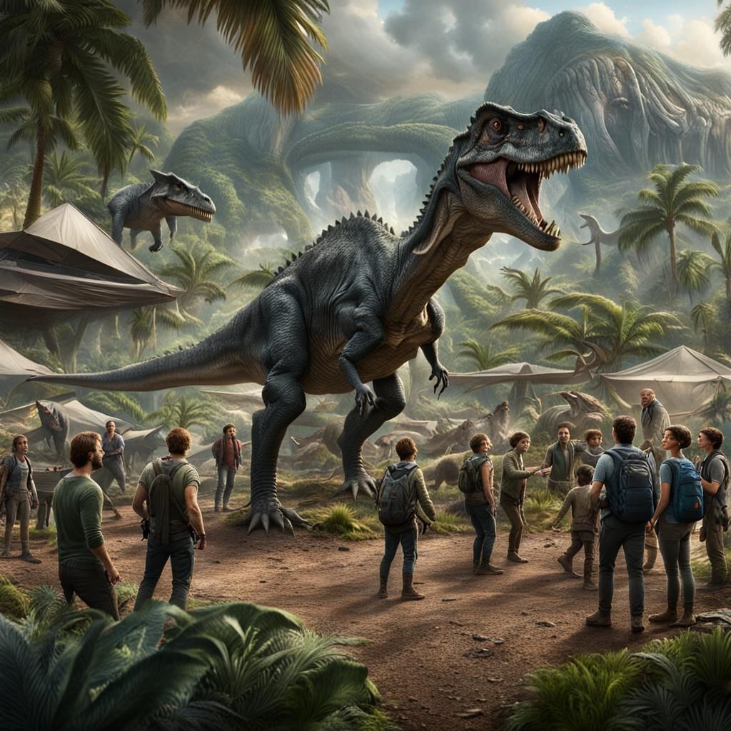 Dinosaurs Gather Around Human in Jurassic World Painting