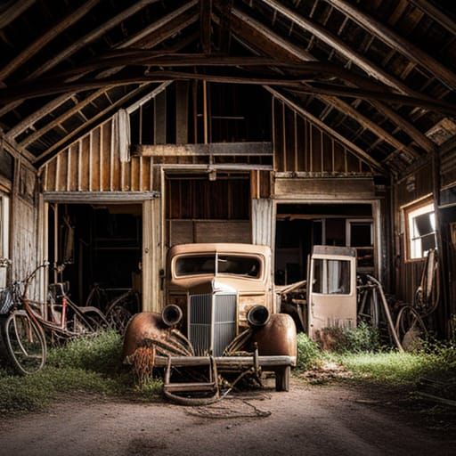 Abandoned Rural Farm with Decayed Barn at Dusk