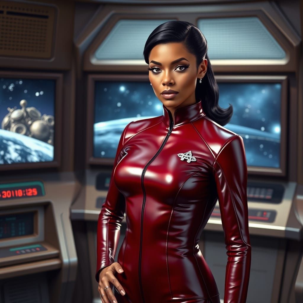 Star Trek Lieutenant Uhura in Futuristic Metallic Latex Suit...