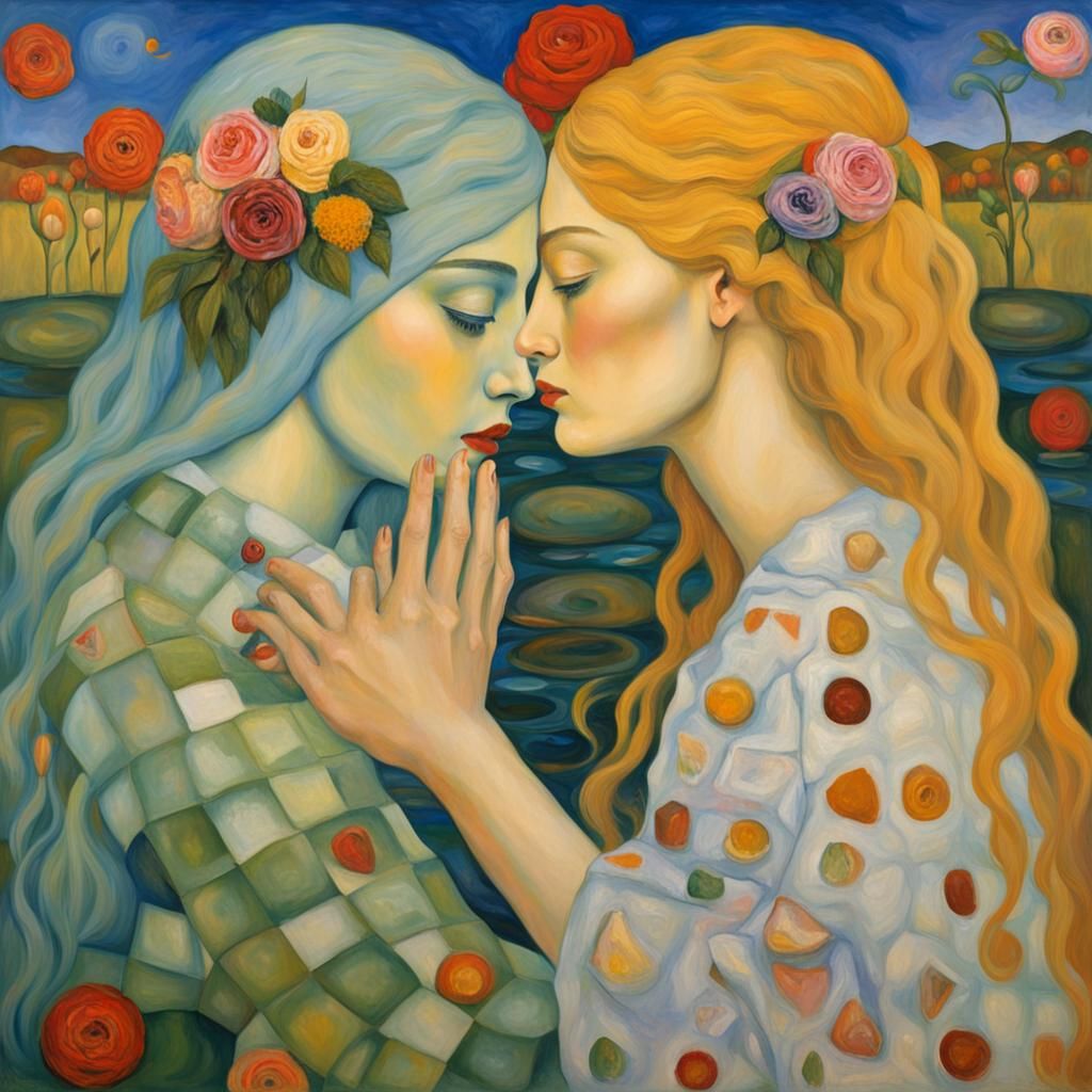 Lesbian Lovers: A Surreal Oil Painting in Art Nouveau Style