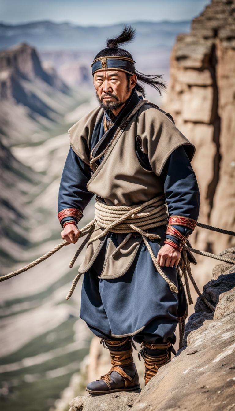 Mongol Warrior on Cliff Edge, Ready to Rappel