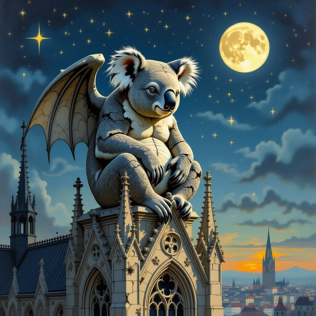 Ferocious Koala Gargoyle on Gothic Church in Sienese Style