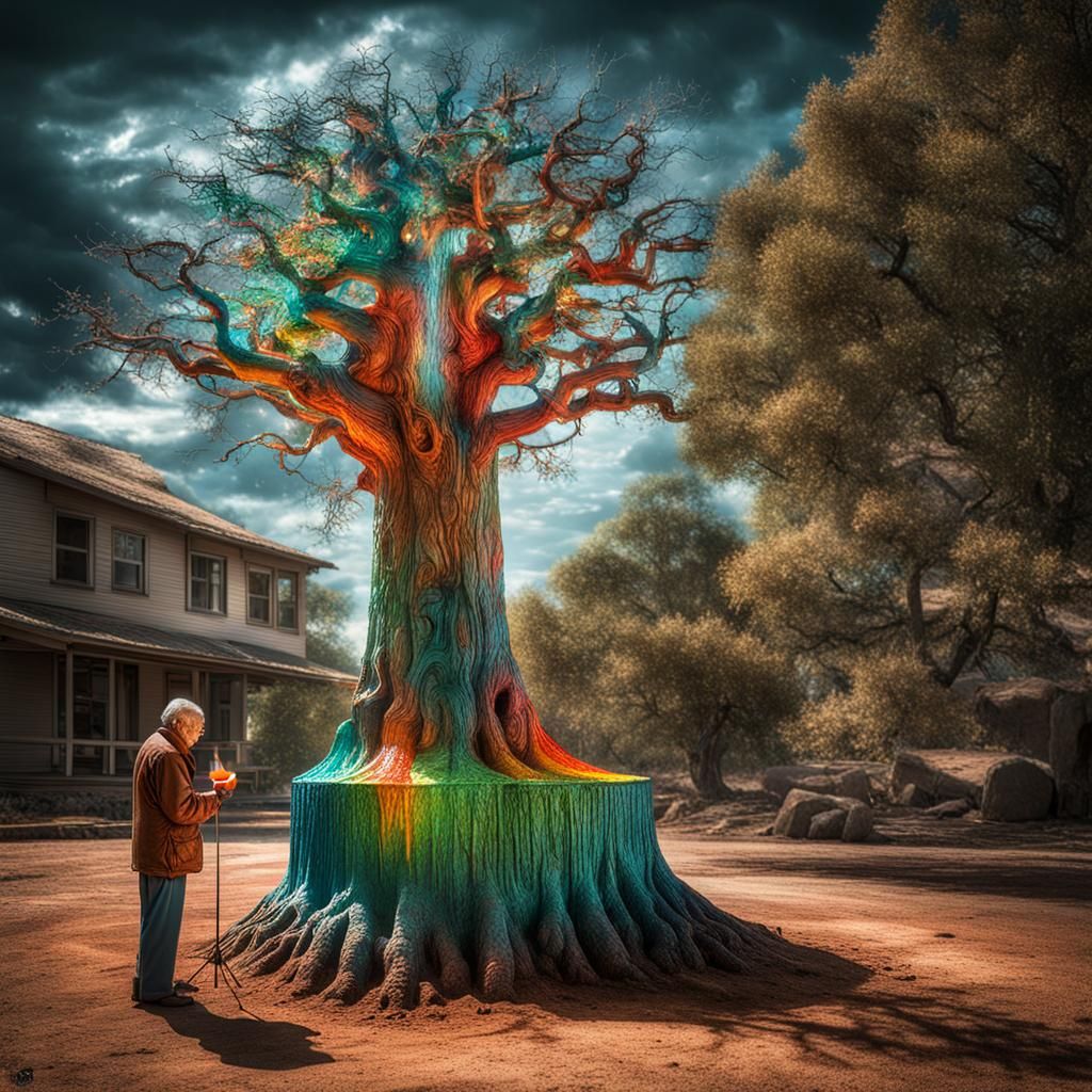 Hyperrealistic Tree Dripping Rainbow Wax with Old Man