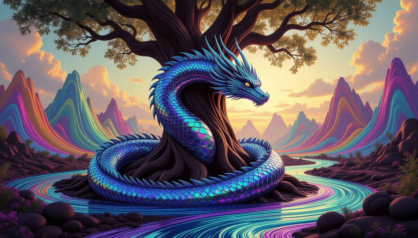 Mercury Dragon Coils Around Chocolate Tree in Surreal Landsc...