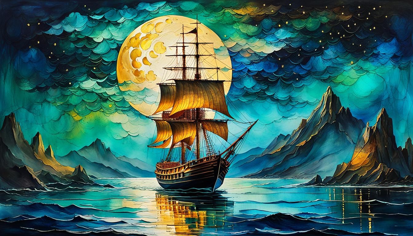 Dreamy Sailboat at Sea in Alcohol Ink Style