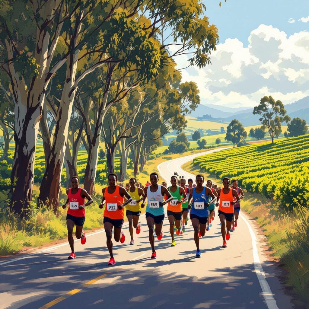 Kenyan Athletes Training Run in Matte Painting Style