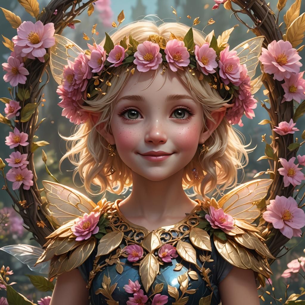 Toddler Fairy with Gold Wreath: Fantasy Art