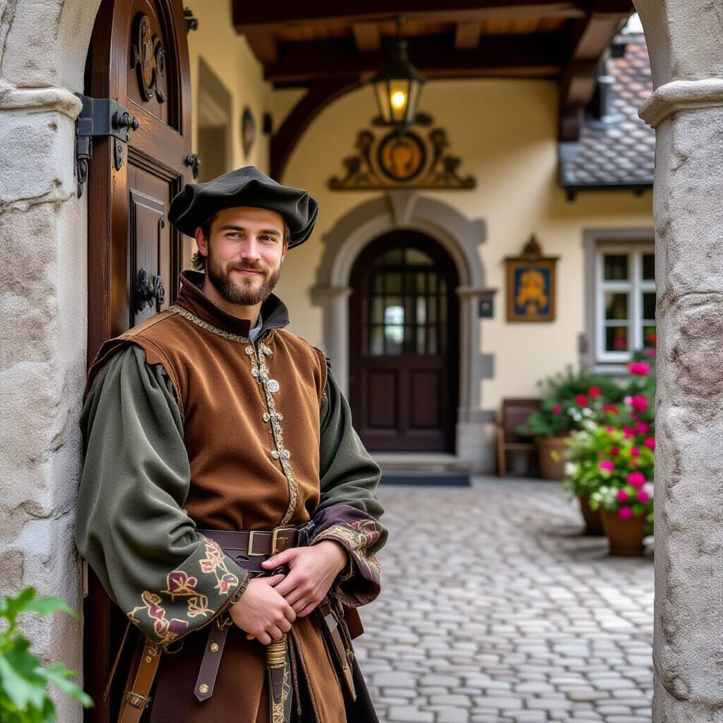 Medieval Man in Timber House in Dürer Style