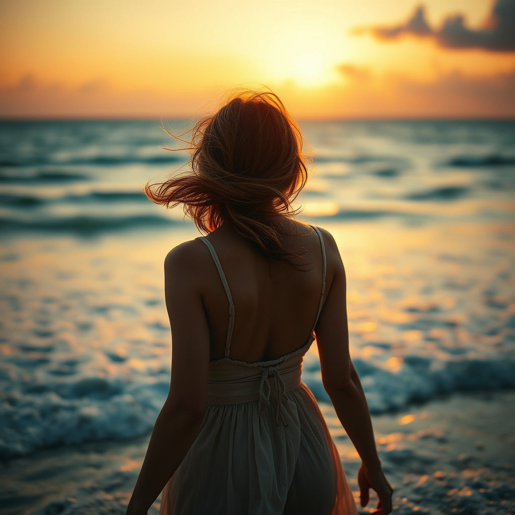 Woman at Dusk: Hyperrealistic Beachscape
