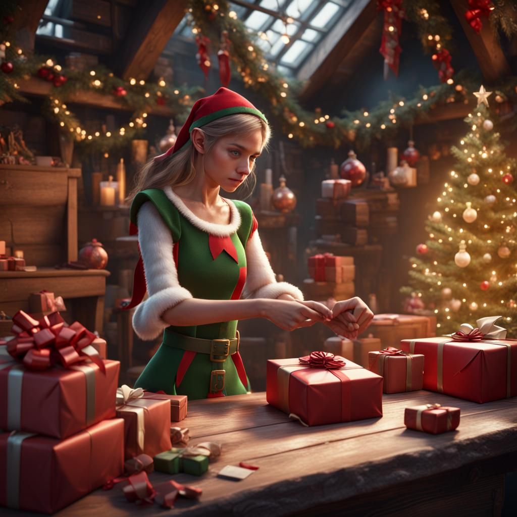 Girl Elf Wrapping Present in Santa's Workshop