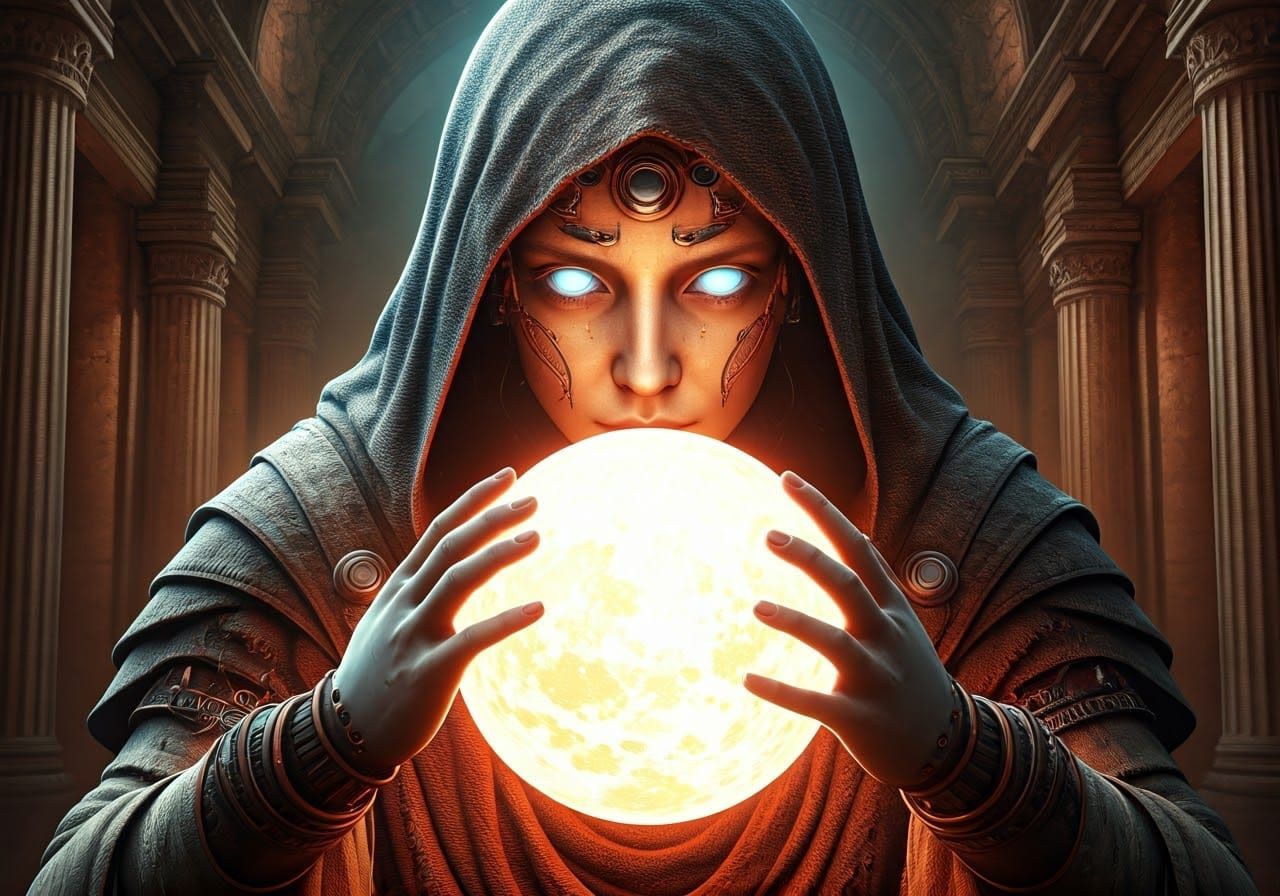 Bionic Roman Woman with Glowing Orb in Cyberpunk Style