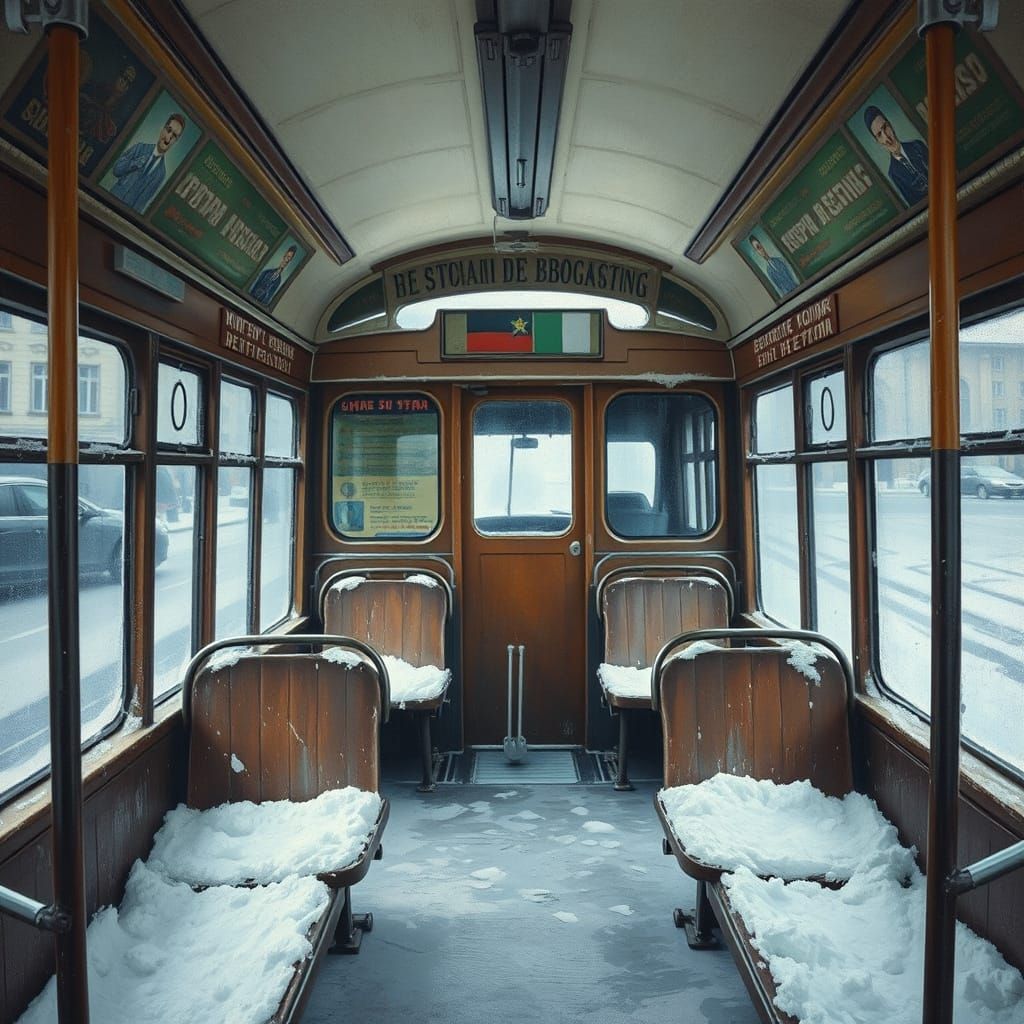 Vintage Tram in Snowy Soviet Street, Impressionistic Style