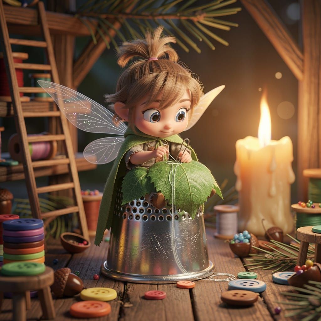 Pixie Tailor Stitching Leaf Cloak in Thimble Workshop