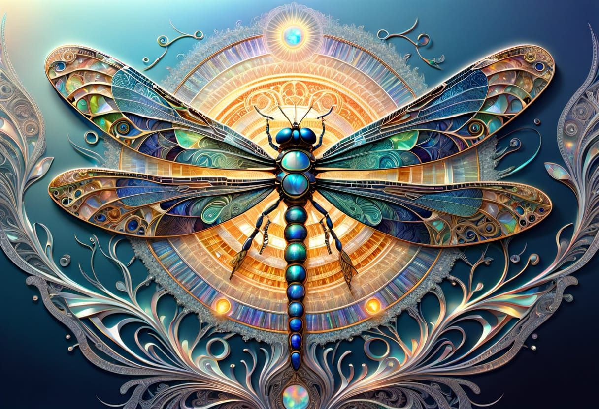 Dragonfly Deity in Iridescent Chip-Art Lithograph