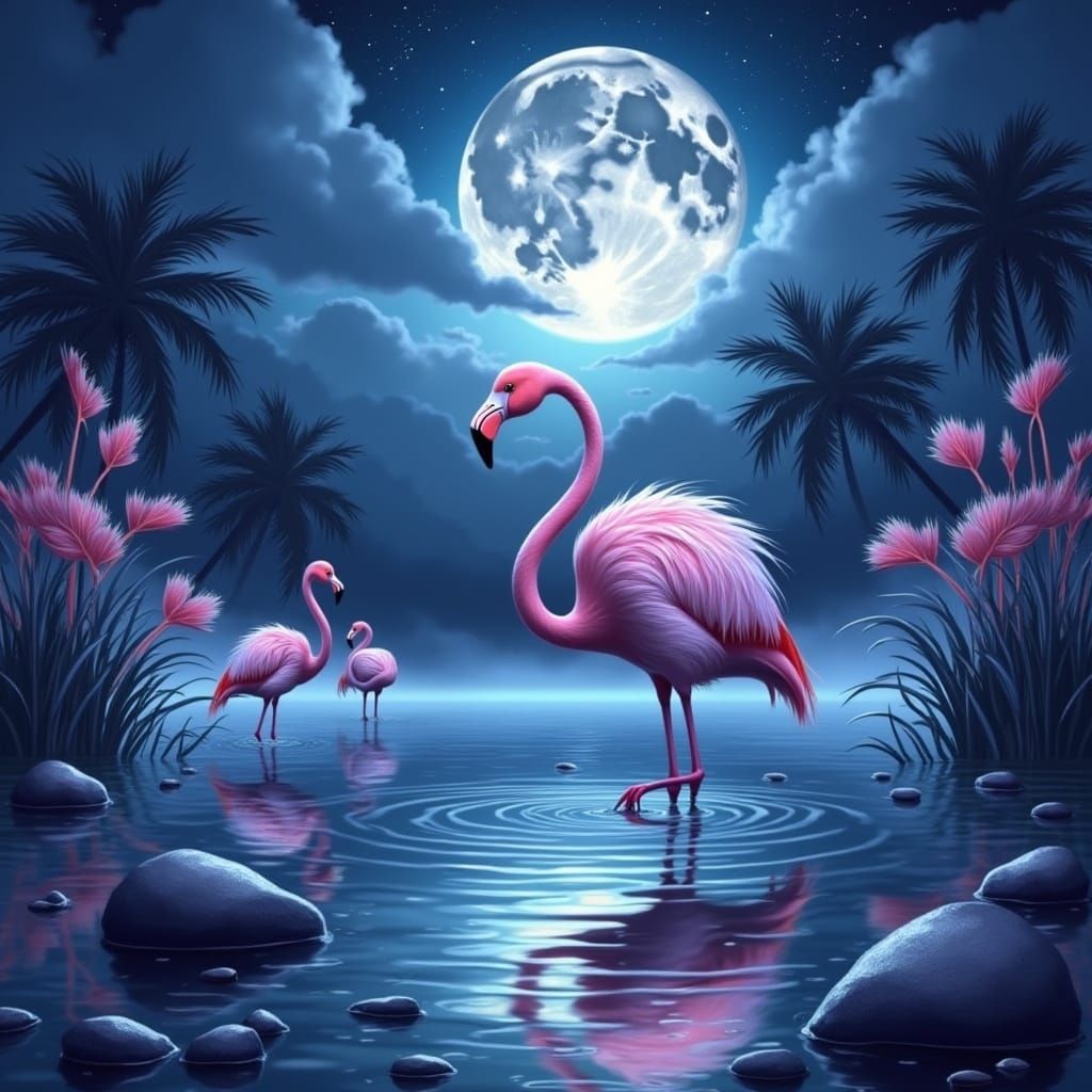 Flamingo in Lagoon Under Luminous Full Moon