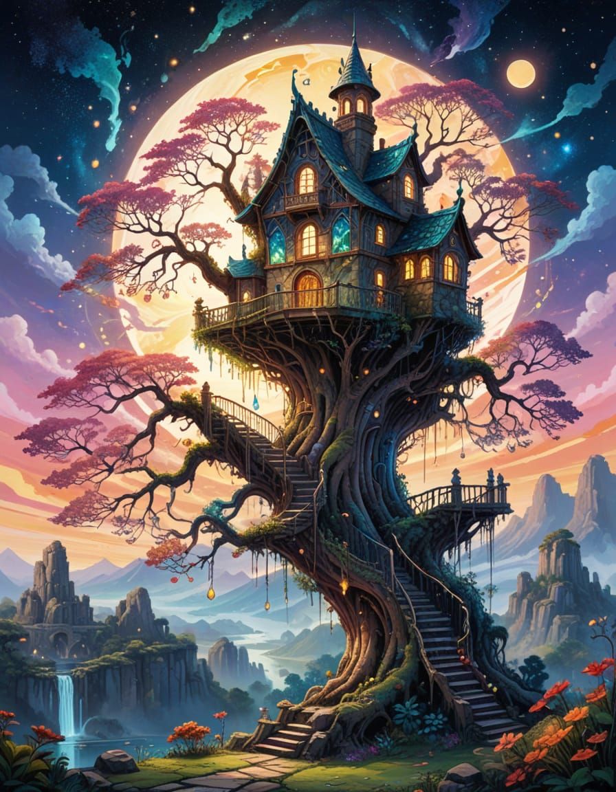 Surreal Fantasy Treehouse Castle in Vibrant Colors and Intri...