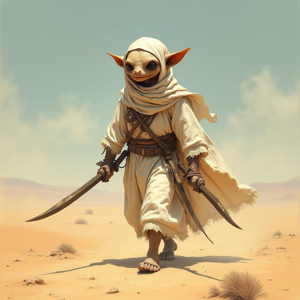 Goblin Warrior in Desert Landscape, Digital Art