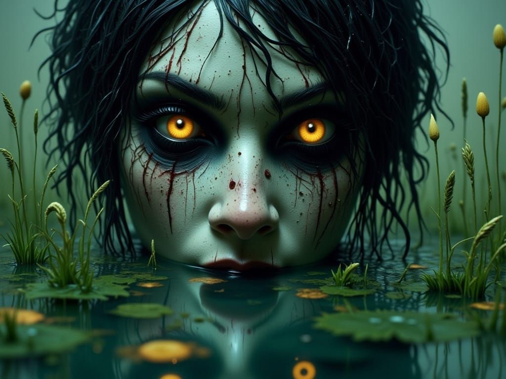 Creepy Demon Woman Emerges From Water in Surreal Style