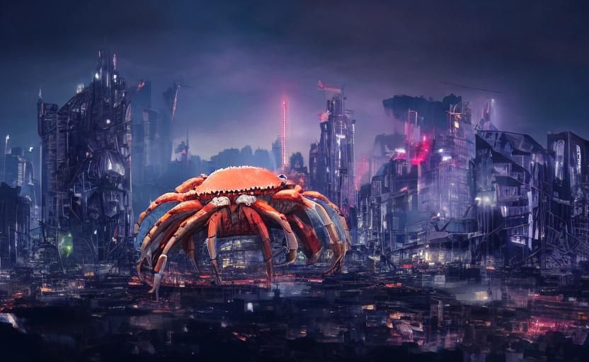 Giant Crab of Destruction in Cyberpunk Cityscape